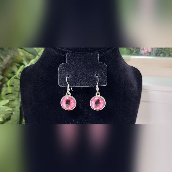 Pink Cat Eye Dangle Earrings - Handmade Statement Jewelry - Picture 5 of 6